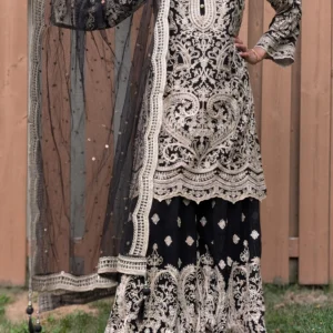 black embroidered palazzo suit