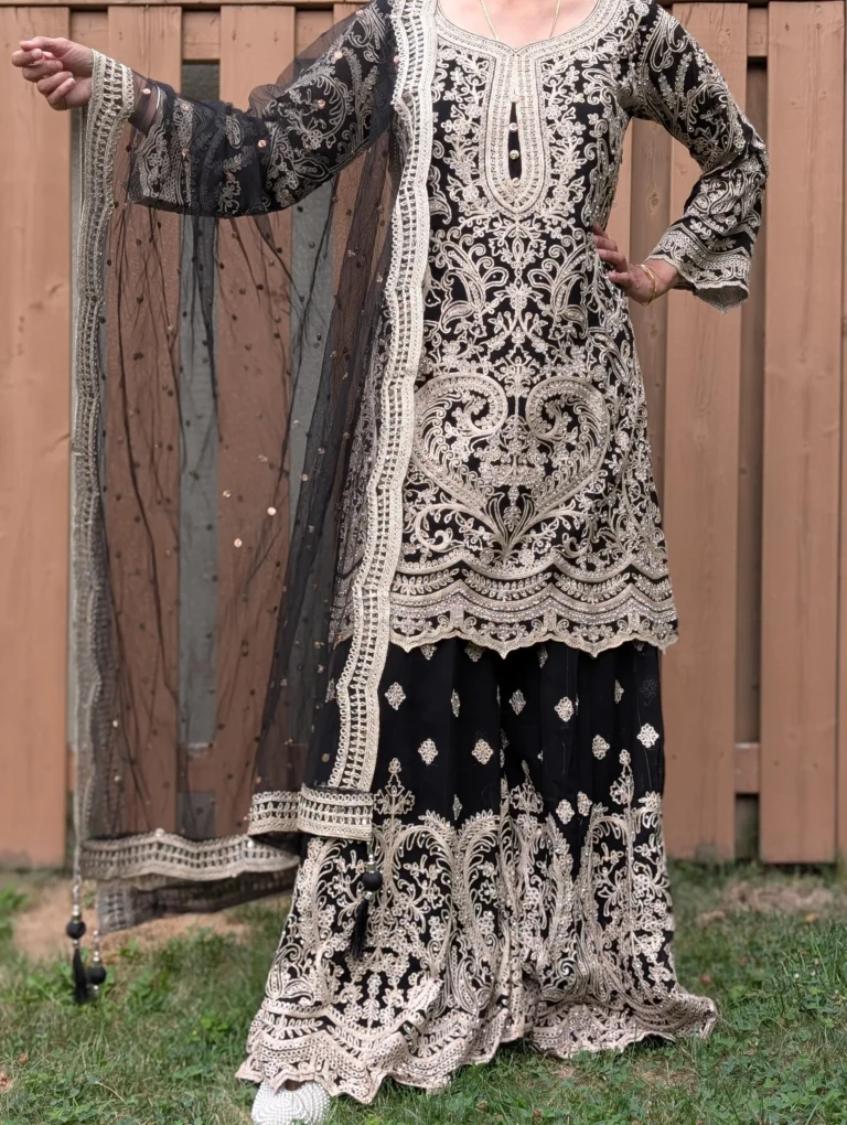 black embroidered palazzo suit