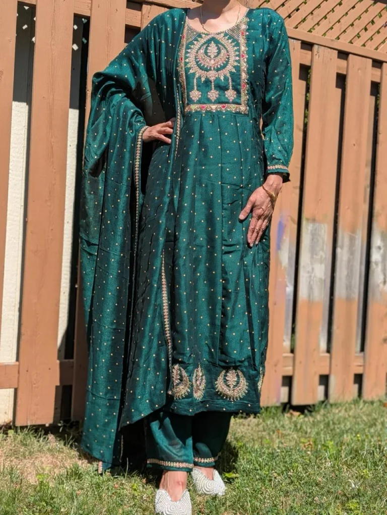 green silk embroidered suit