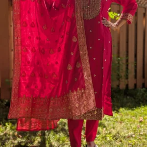 red embroidered straight suit