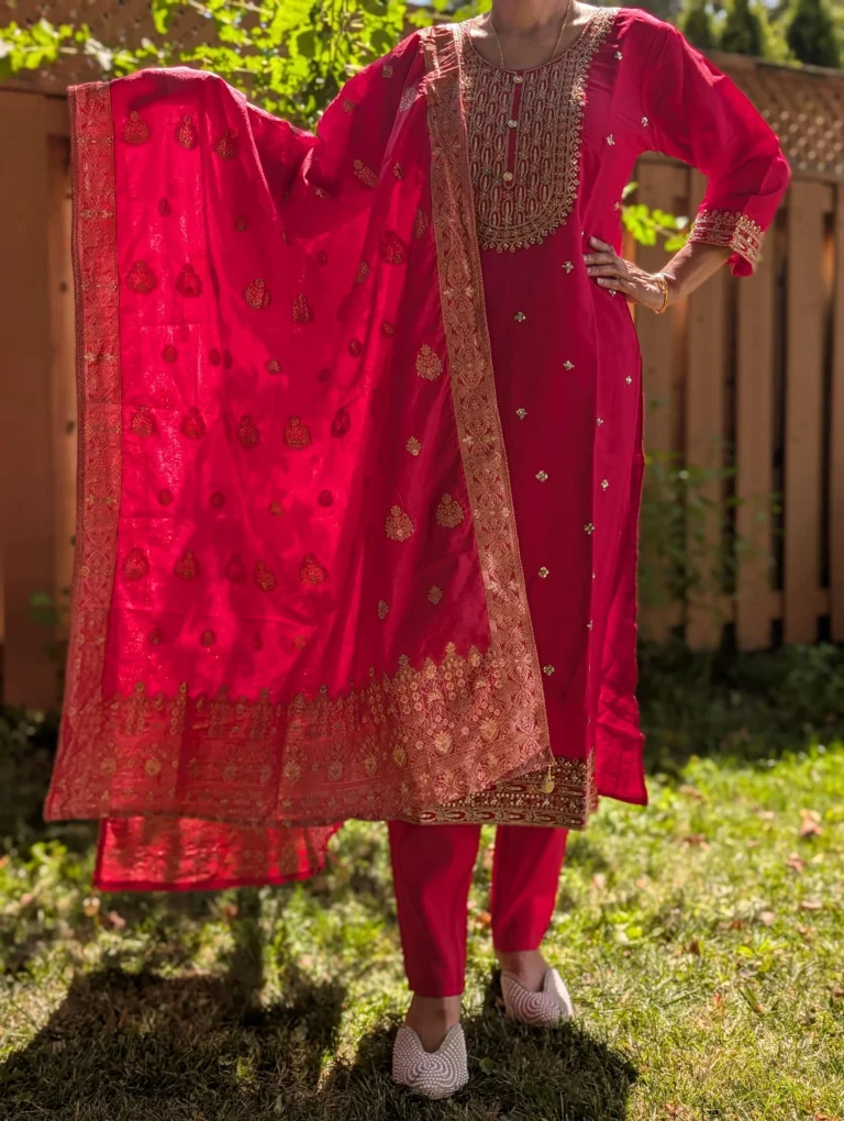 red embroidered straight suit