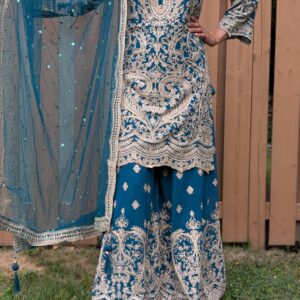 blue embroidered palazzo suit