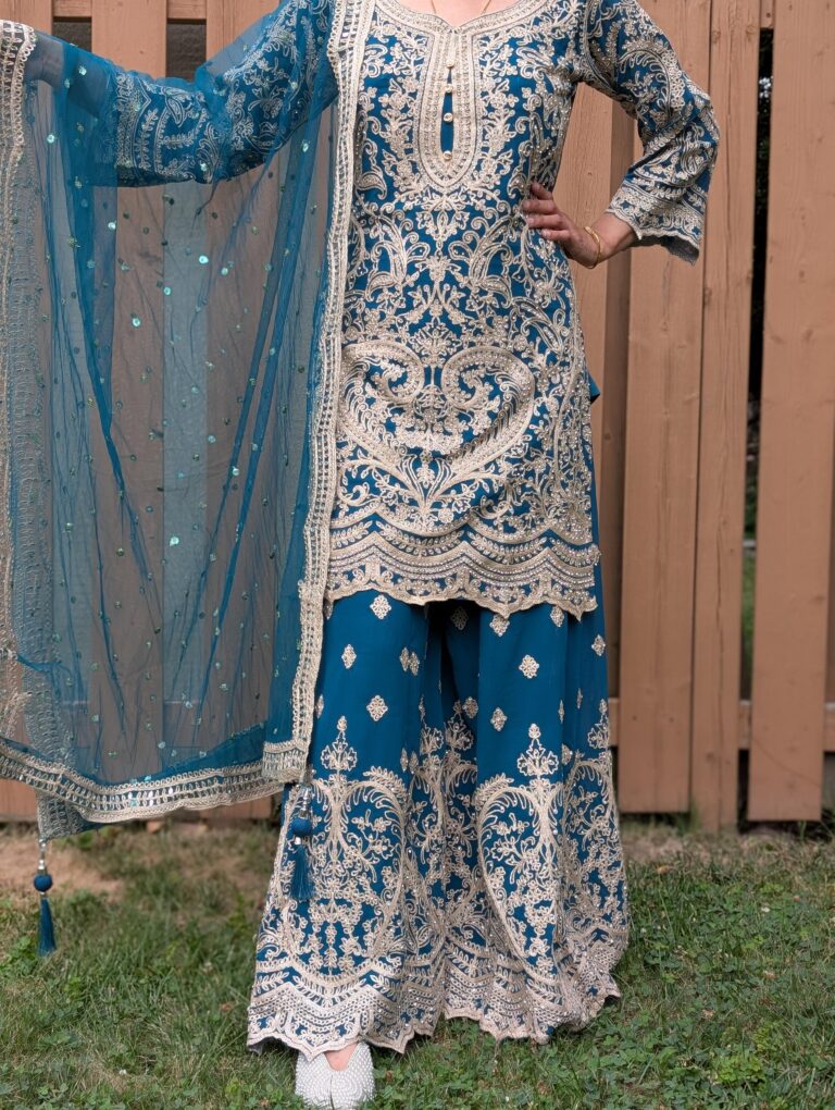 blue embroidered palazzo suit